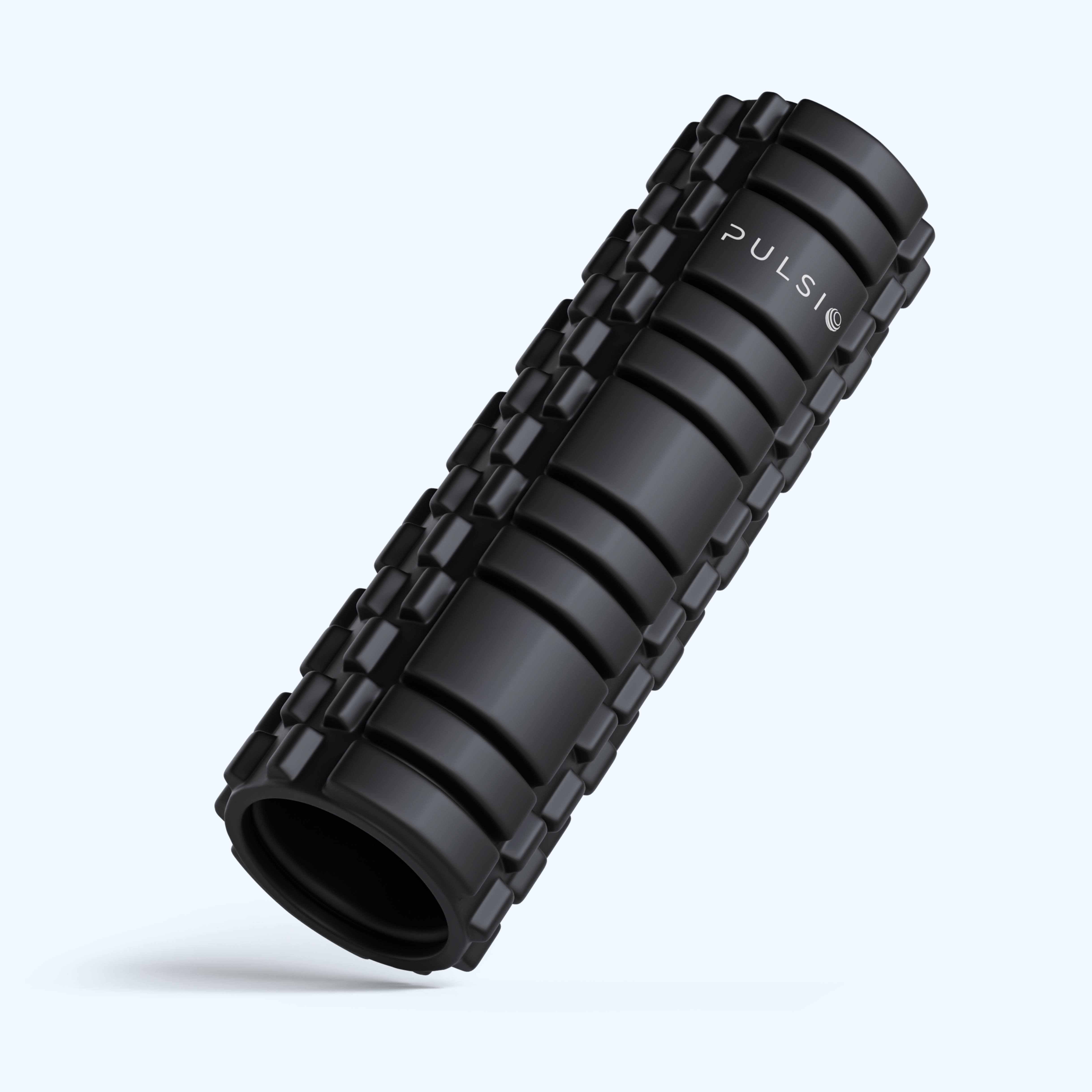 Black foam roller with textured surface and 'PULSI' branding displayed vertically.