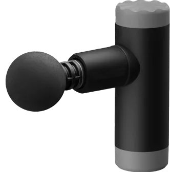 Black handheld massage gun with a round attachment.