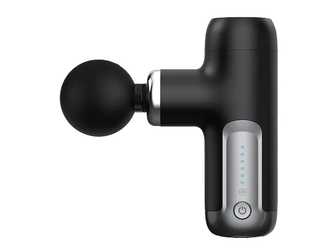 Black handheld massage gun with a round attachment and power button.