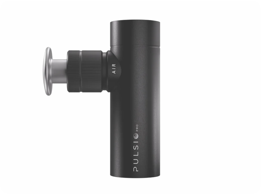 Black massage gun with 'PULSIO' branding on a gray background.
