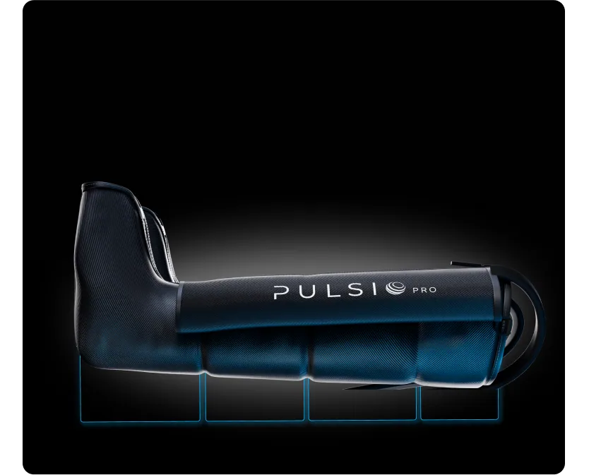 Black and blue leg compression device labeled 'PULSIO PRO' on a dark background.