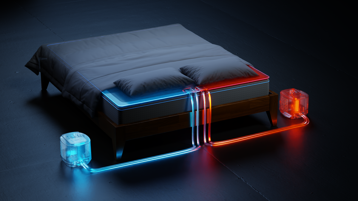 Bed with dual temperature control system, showing blue and red cooling and heating units.