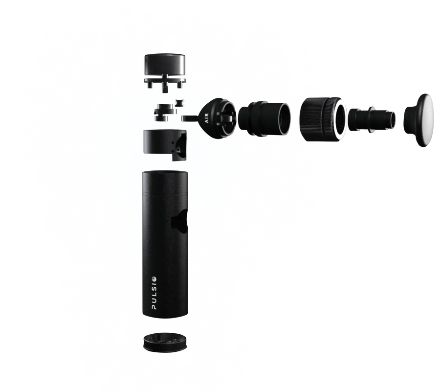 Exploded view of a black cylindrical device with labeled parts.