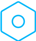 Blue hexagonal shape with a circle in the center on a white background.