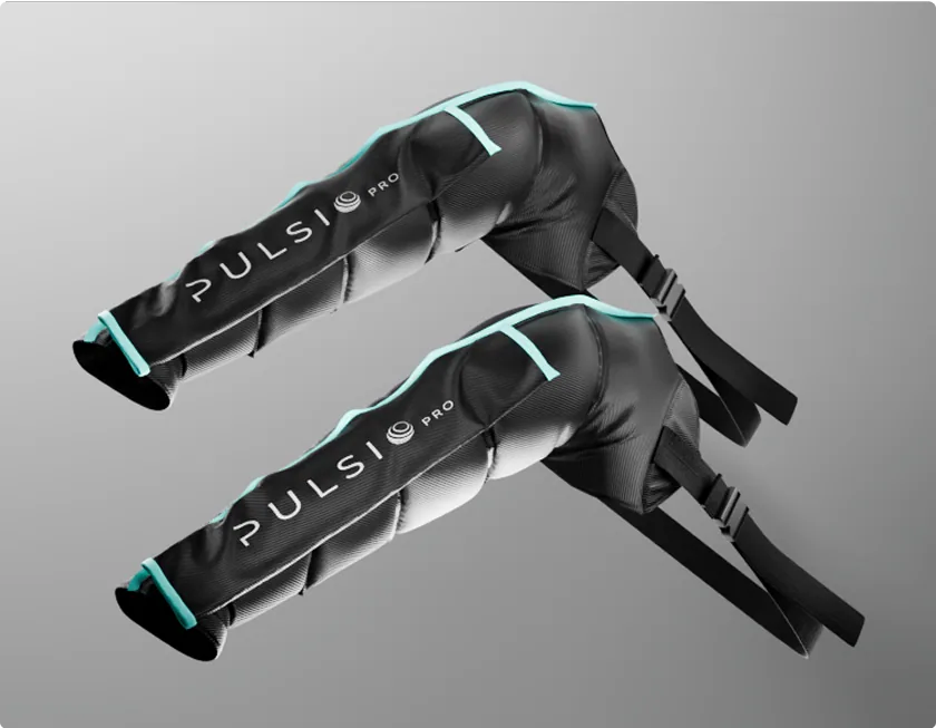 Two black padded leg braces with turquoise accents and 'PULSI PRO' branding.