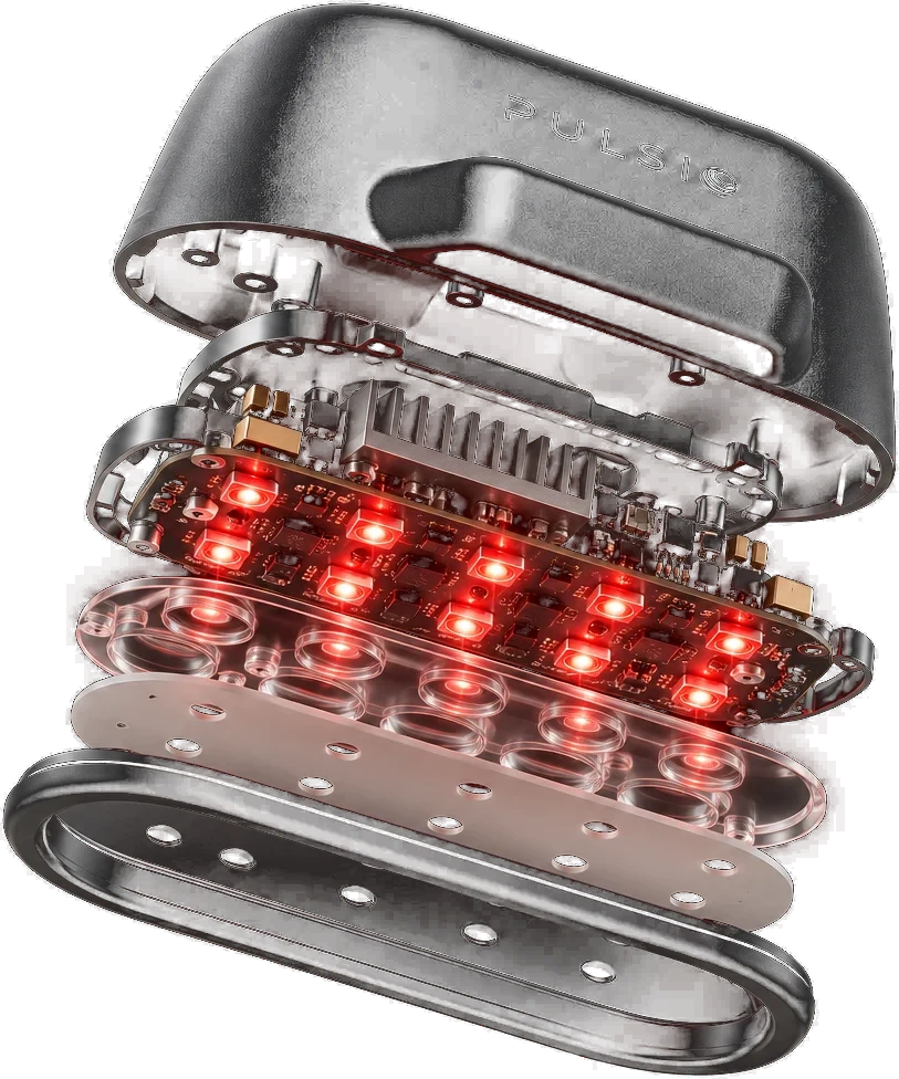 Exploded view of the Infra Pod: shell, circuit board with red LEDs, lens layer and seal
